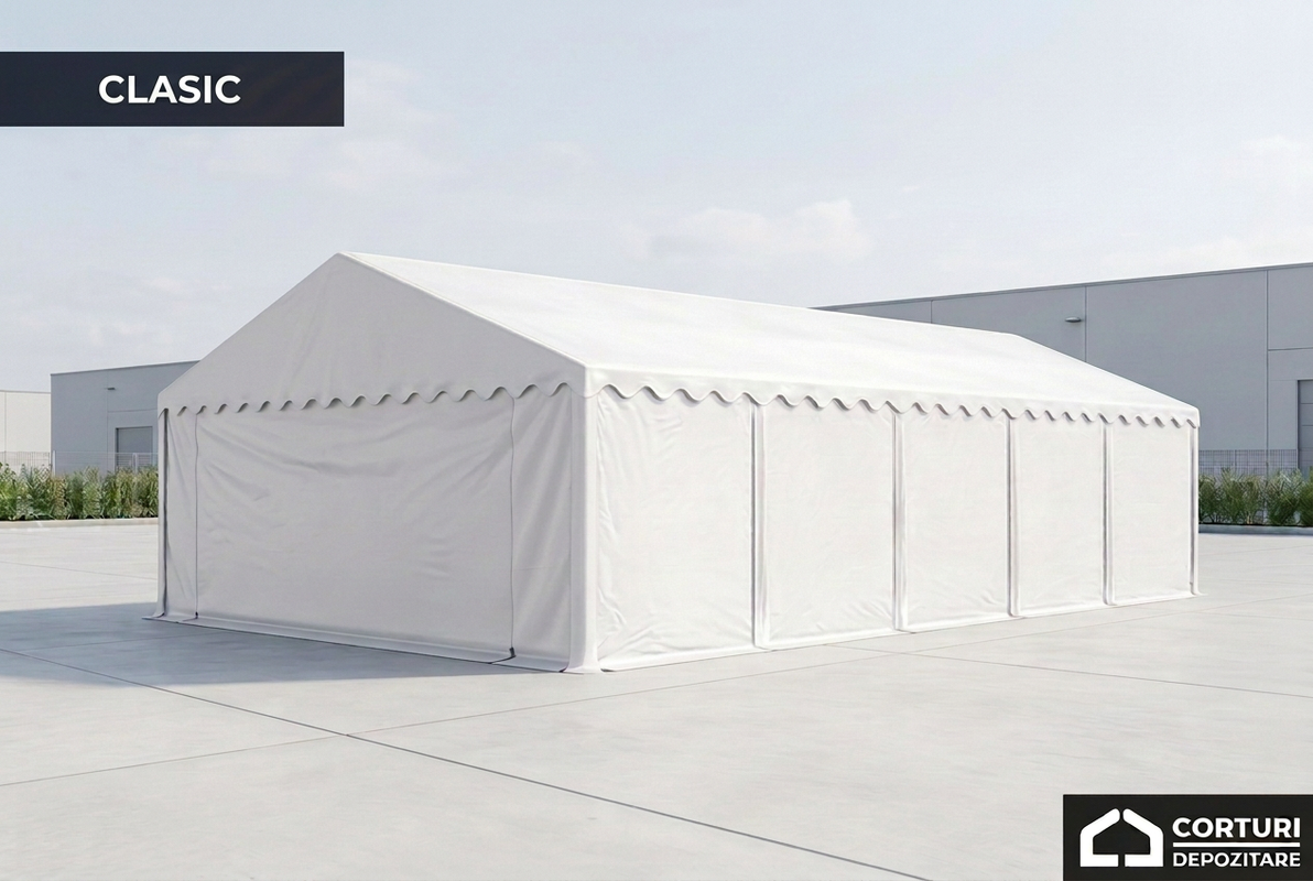 Cort depozitare CLASIC 6 × 10 m, alb, PVC 500 g/m², cu sigla Corturi Depozitare