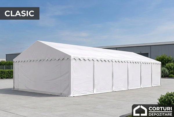 Cort alb de depozitare 6 × 12 m, imagine etichetată CLASIC.