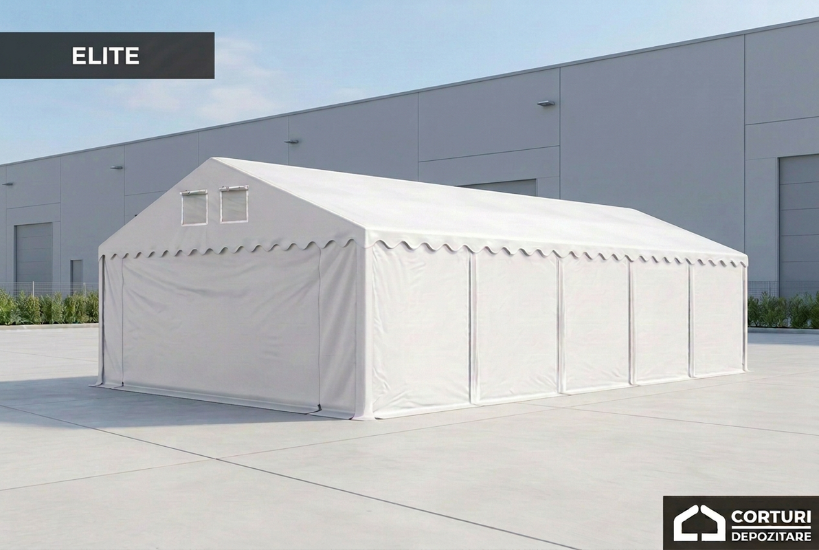 Cort depozitare ELITE 8 × 12 m, alb, pe fundalul industrial unitar al gamei Corturi Depozitare