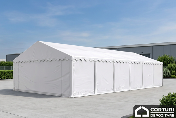 Cort alb de depozitare 6 × 12 m CLASIC și PREMIUM, în ambient industrial.
