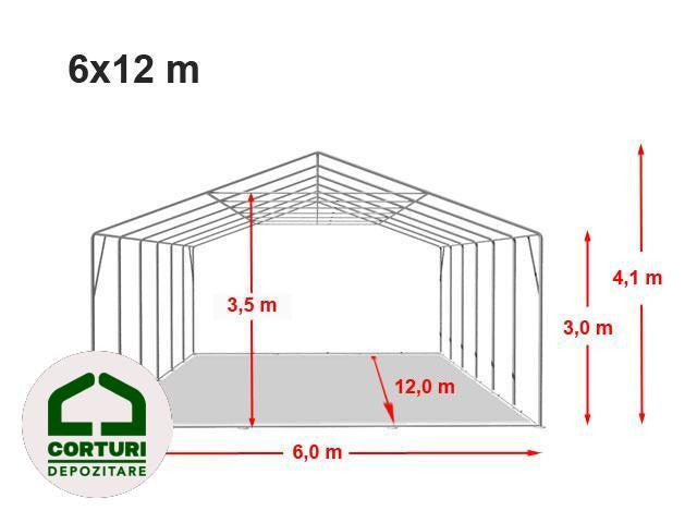 Cort depozitare  6 x 12 m Profi 300 PVC gri cu usa acces 4 x 3,30 m